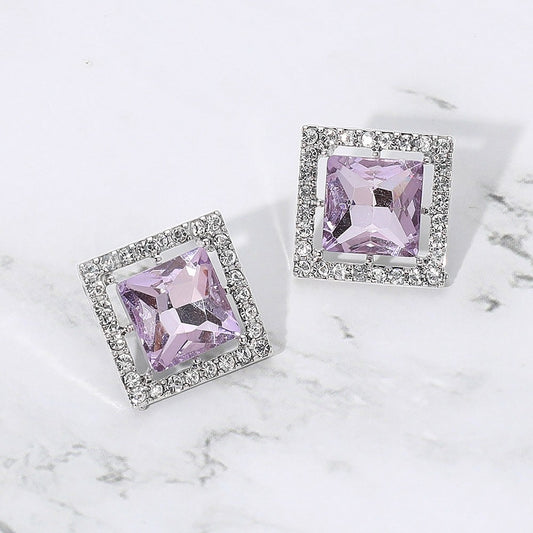 Elegant Silver Square Halo Stud Earrings with Lavender Purple Center Stone