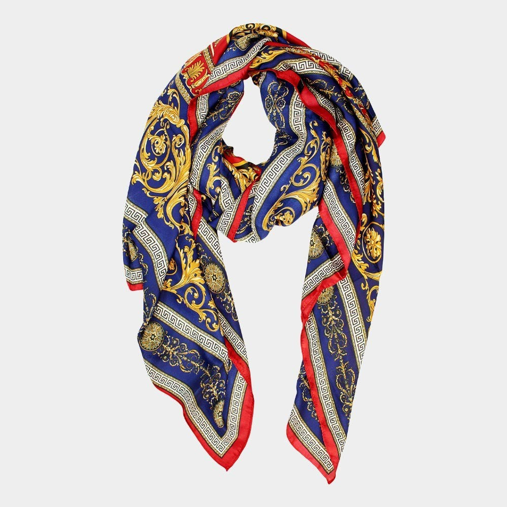 Abstract Print Silky Satin Oblong Scarf Shawl – Navy Blue Lightweight Wrap