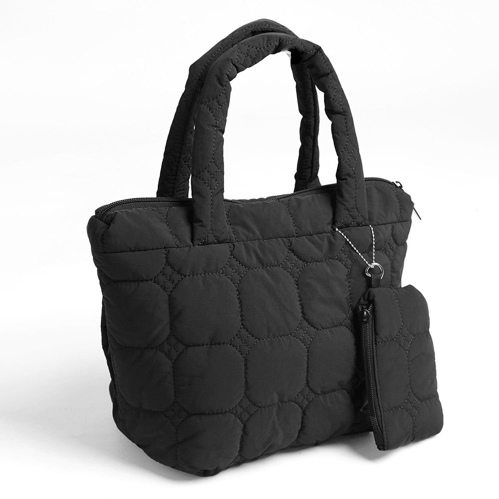 Black Puffer Quilted Tote Bag Shoulder Handbag with Coin Pouch Gift Idea
