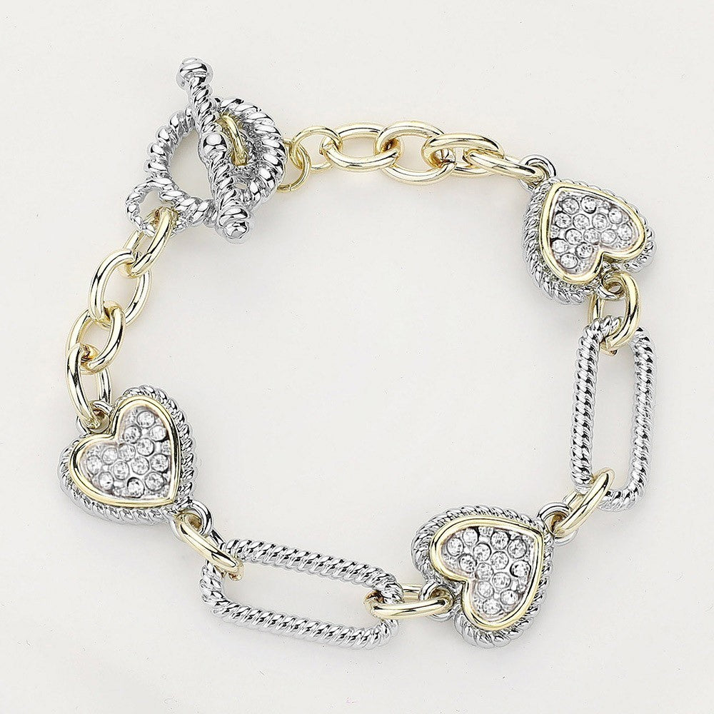 Two-Tone Pave Crystal Heart  Link Bracelet Gold Silver Tone Charm Bracelets