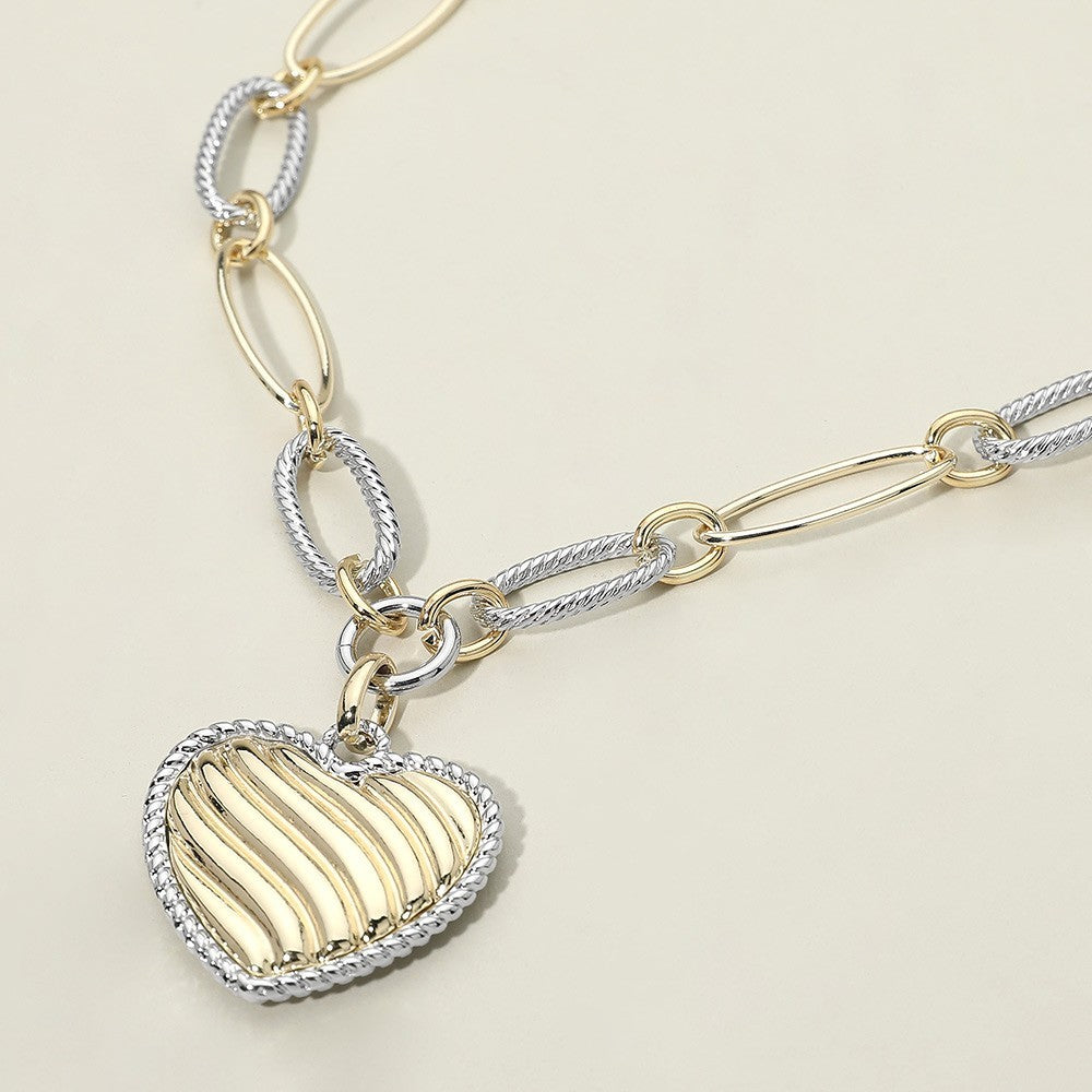 14K Gold Plated Two Tone Oval Link Bold Chain Textured Heart Pendant Necklace