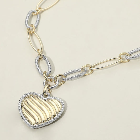 14K Gold Plated Two Tone Oval Link Bold Chain Textured Heart Pendant Necklace
