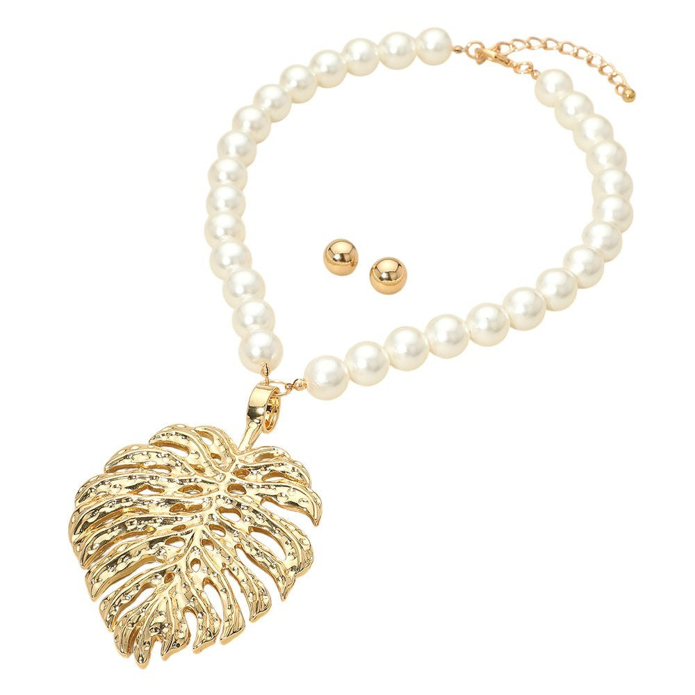 Tropical Monstera Gold Leaf Pearl Statement Necklace & Stud Earrings Set Gift