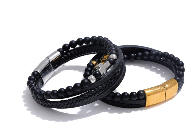 2PCS Black Leather Beaded Cross Bracelet Set Gold Silver Tone Stainless Steel