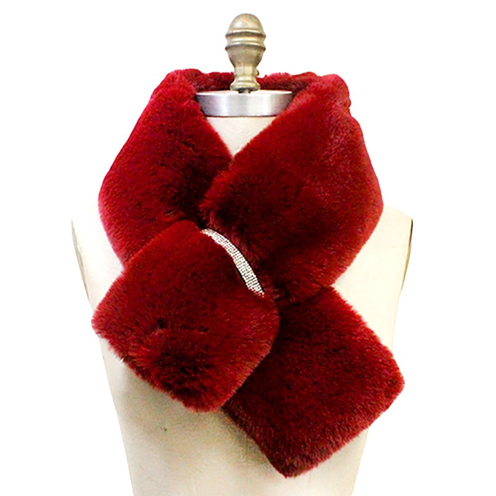Women's Faux Fur Bling Pull-Through Winter Collar Scarf Neck Warmer Burgundy
