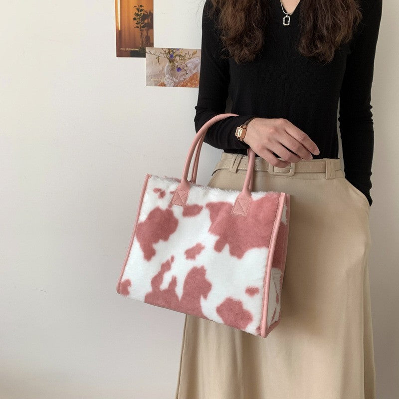Pink Cow Print Fuzzy Tote Bag Shoulder Purse Fluffy Y2K Aesthetic Faux Fur