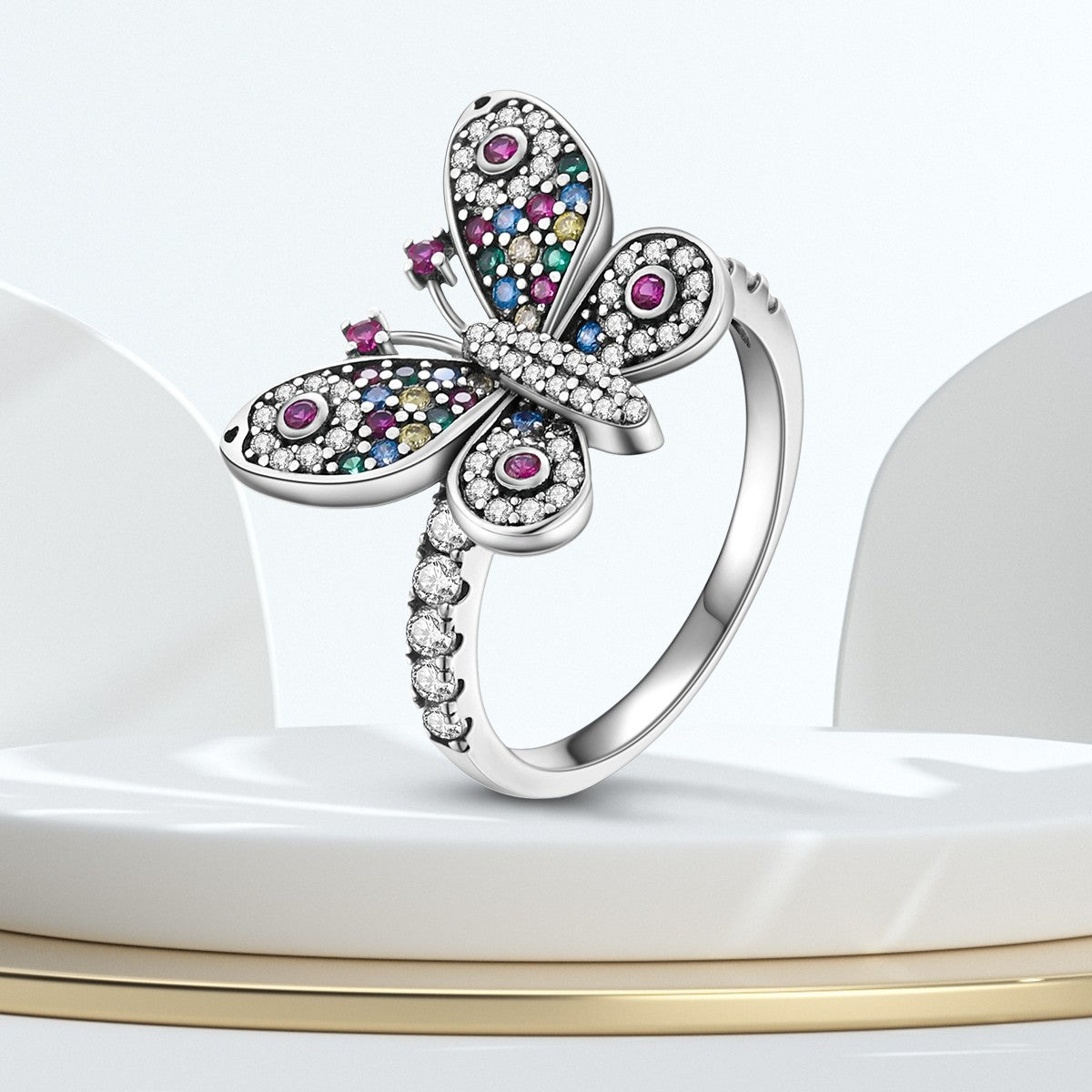 925 Sterling Silver Butterfly Ring with Colorful Gemstone and Zirconia for Women