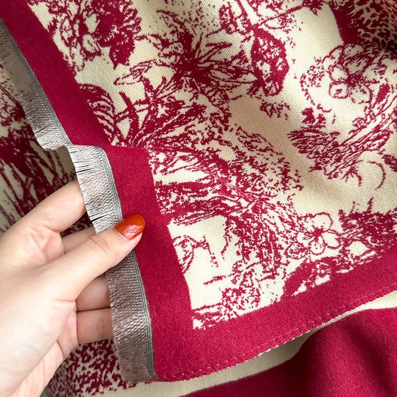 Oversized Red Beige Toile De Jouy Print Blanket Scarf Shawl Wrap Fringed Warm Gi