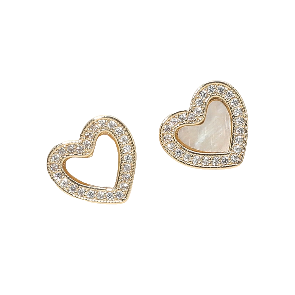 Elegant Gold Heart Stud Earrings with Mother of Pearl and Crystal Inlay Accent