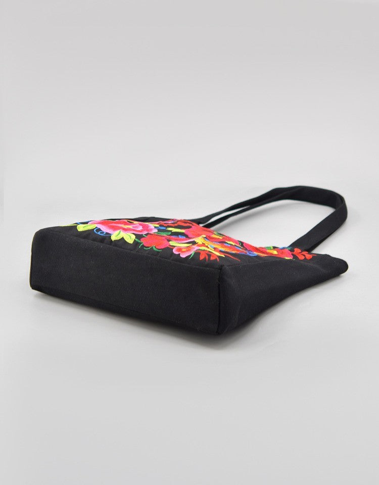 Vintage Red Floral Embroidered Black Canvas Tote Bag Handbag Purse