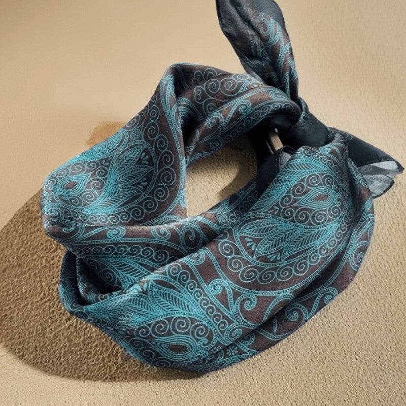 70cm Paisley Satin Square Scarf Blue Brown – Neckerchief Hair Tie Handbag Wrap