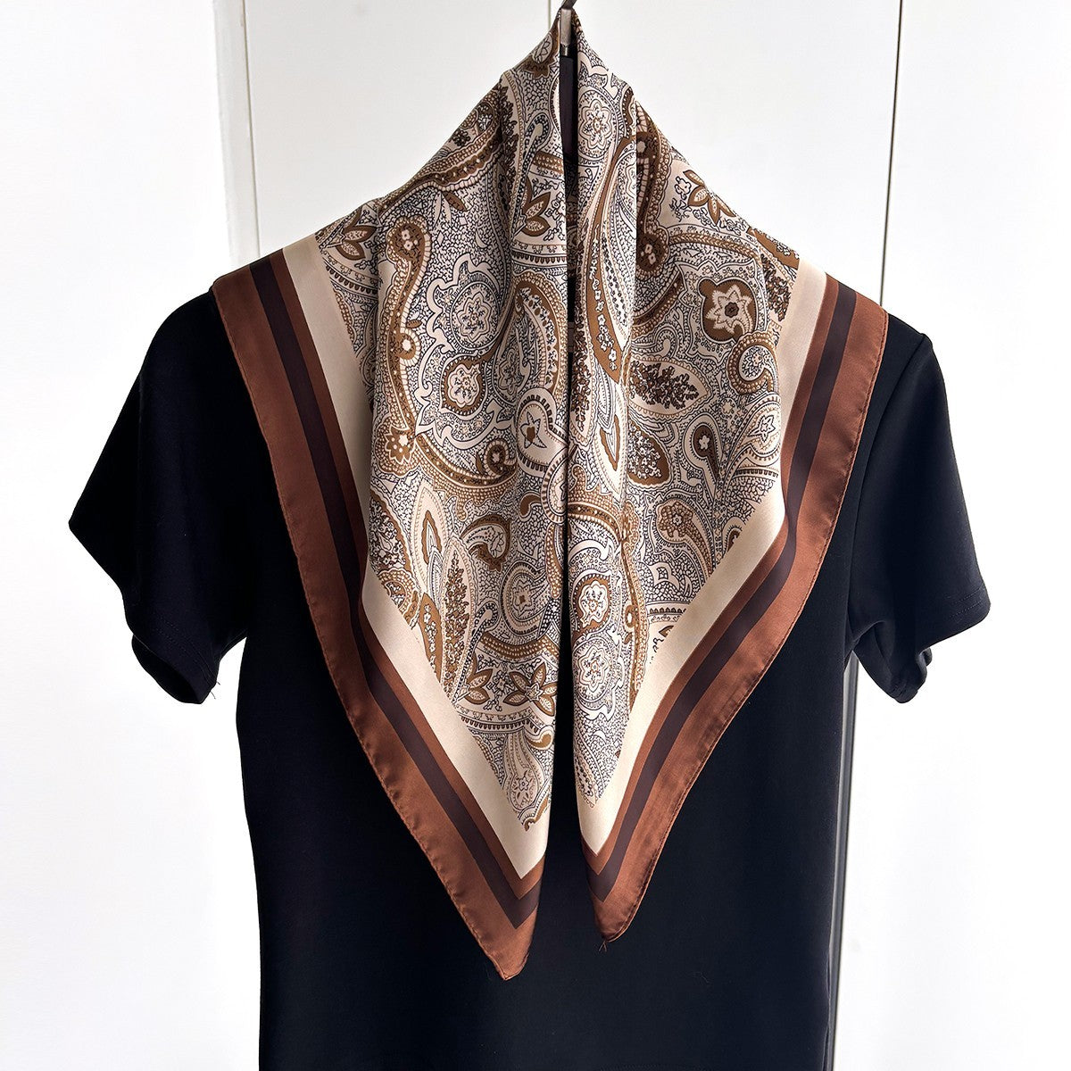 Brown Paisley Silk Scarf Square 27.5 Inch Satin Hair Head Neck Wrap Bandana