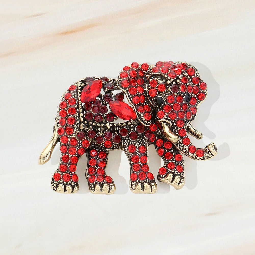 2 Elephant Brooch Set: Red Ruby & Brown Amber Rhinestone Costume Jewelry Pins
