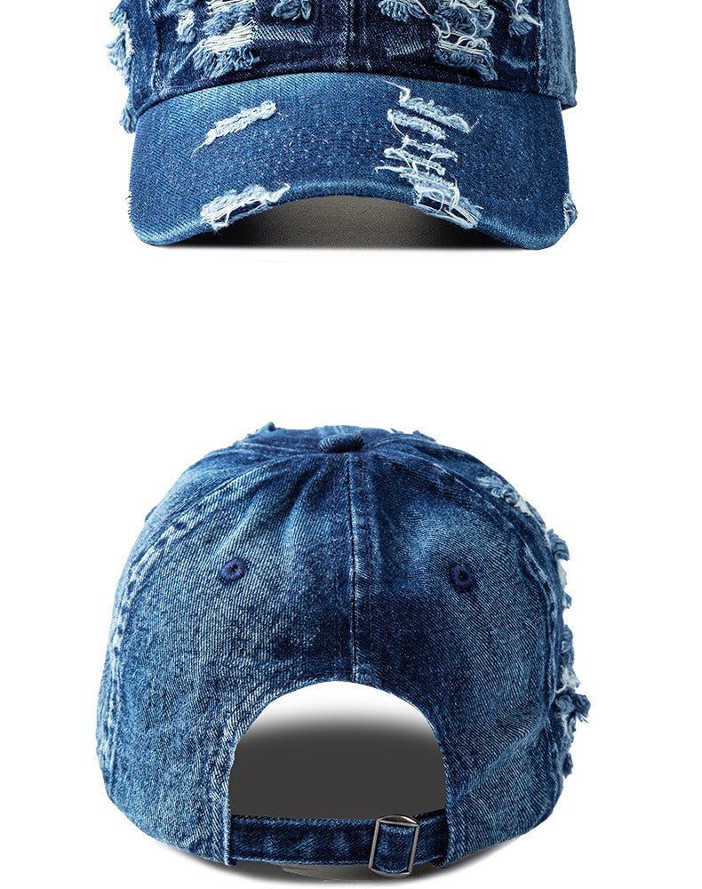 Distressed Ripped Denim Baseball Cap Deep Blue Dad Hat Adjustable Unisex