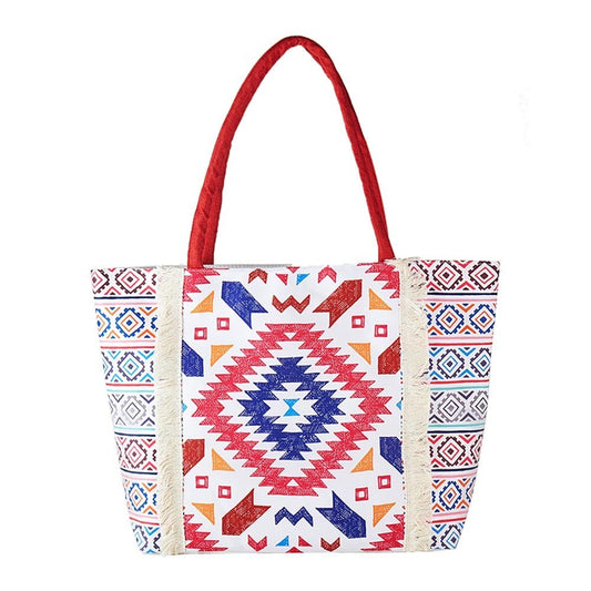 Boho Aztec Print Tote Bag with Fringe Large Canvas Shoulder Bag for Beach