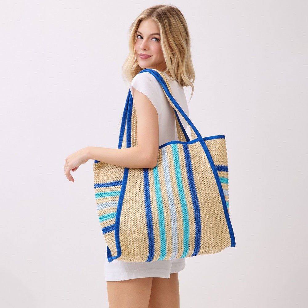 Large Striped Woven Straw Beach Tote Bag with Blue Accents - Summer Shoulder Bag