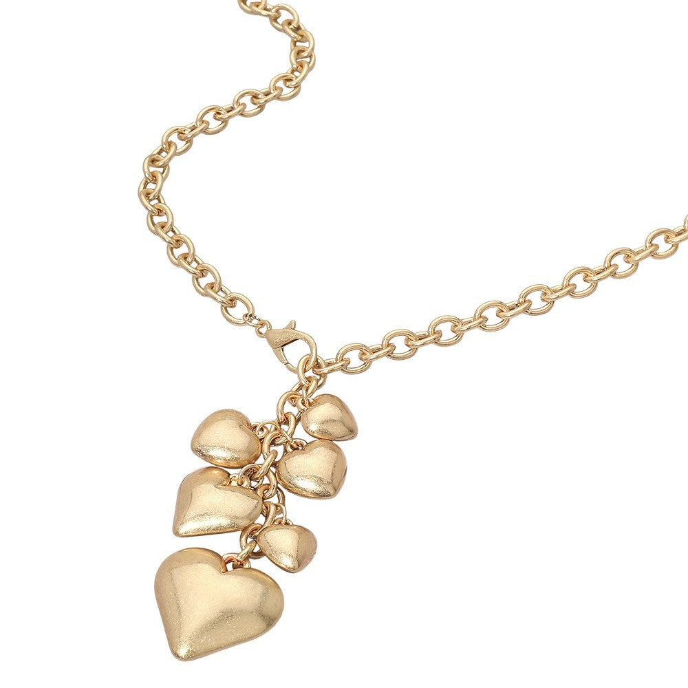 Women Worn Gold Chunky Puffy Heart Cluster Drop Chain Long Necklace with Lobster