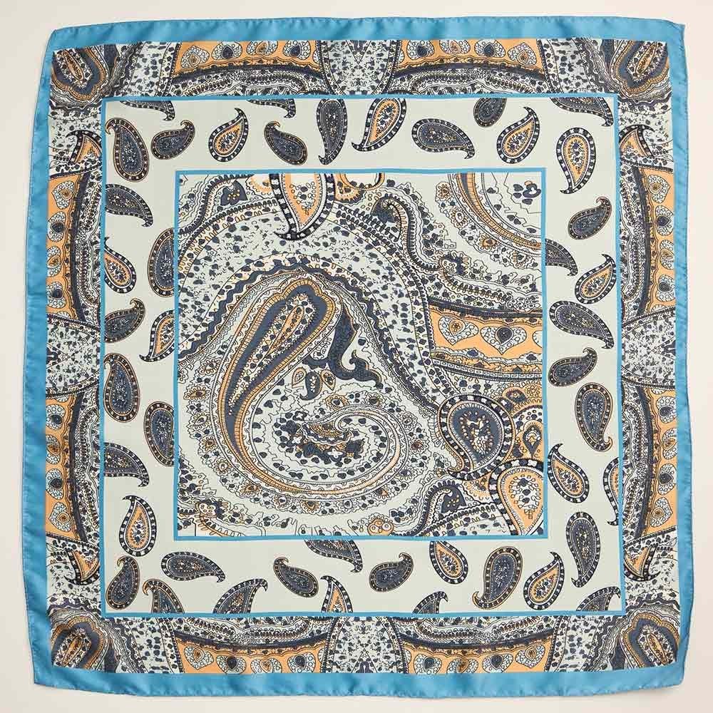 Vintage Blue Paisley Print Square Silky Satin Scarf 25"x25" Neck Hair Wrap