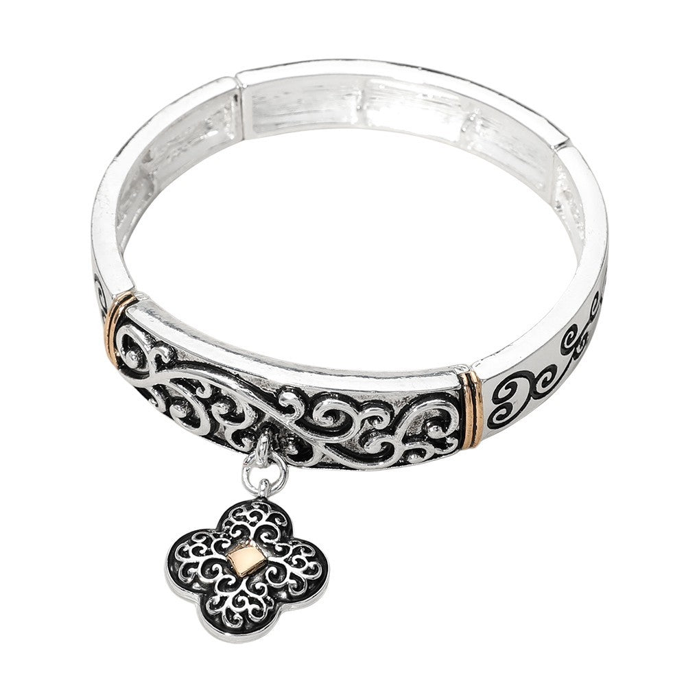 Antique Gold Metal Quatrefoil Charm Stretch Bracelet for Women Fashion Gift