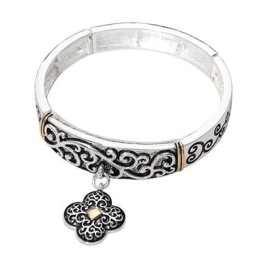 Antique Gold Metal Quatrefoil Charm Stretch Bracelet for Women Fashion Gift