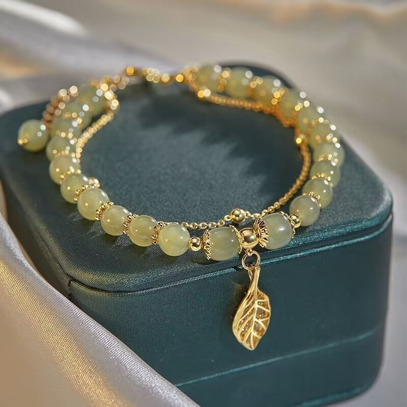 3pcs Green Jade Beaded Bracelets with Gold Leaf Charm & Chain Women's Jewelry