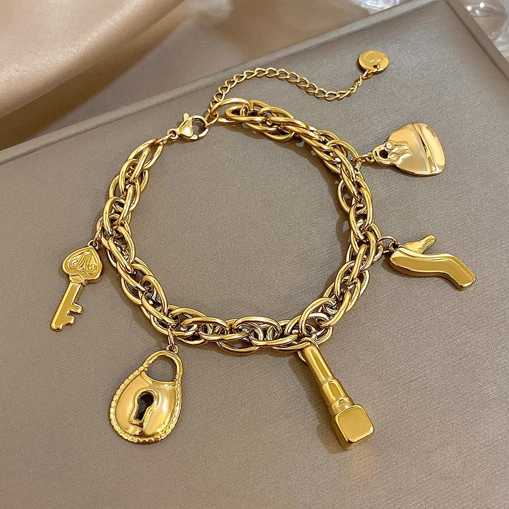 Chunky Gold Charm Bracelet Lipstick High Heel Purse Key Lock Toggle Link