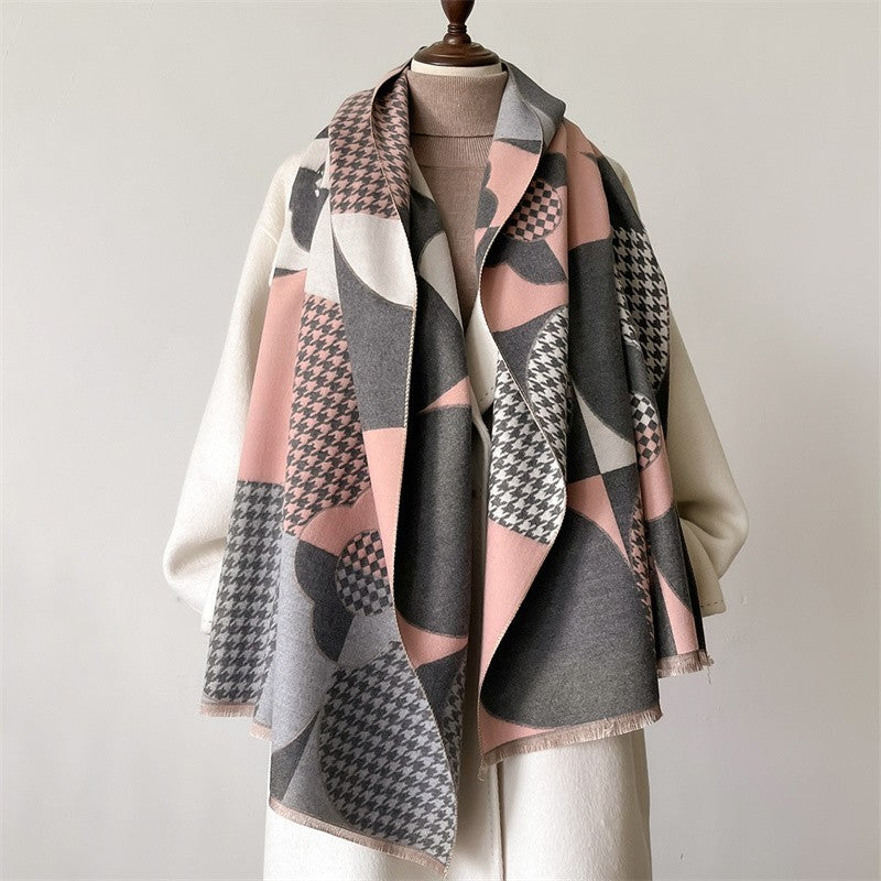 Geometric Houndstooth Soft Cashmere Feel Shawl Wrap Scarf Pink Gray White