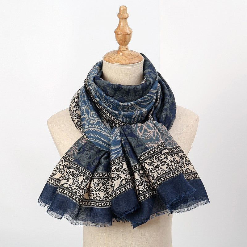 Luxury Blue Paisley Floral Scarf Shawl Wrap Winter Pashmina Style Fringed