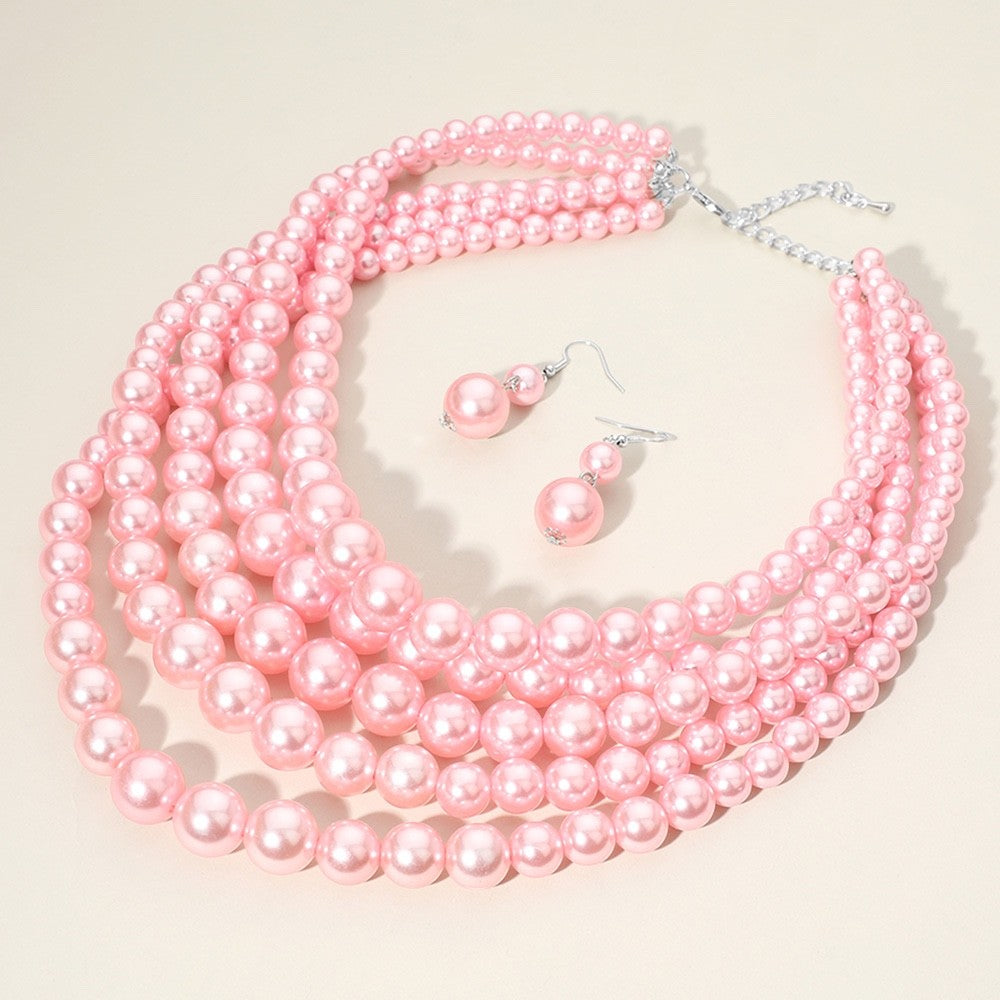 Multi-Strand Pink Pearl Statement Necklace and Drop Earring Set - 5-Layer Bib