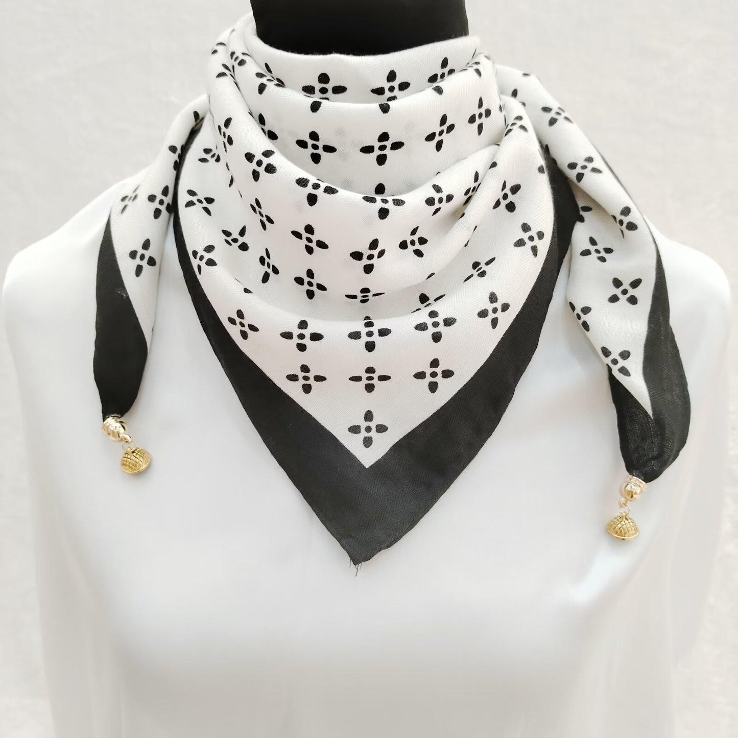 Black White Clover Print Neckerchief Bandana Scarf Gold Charms