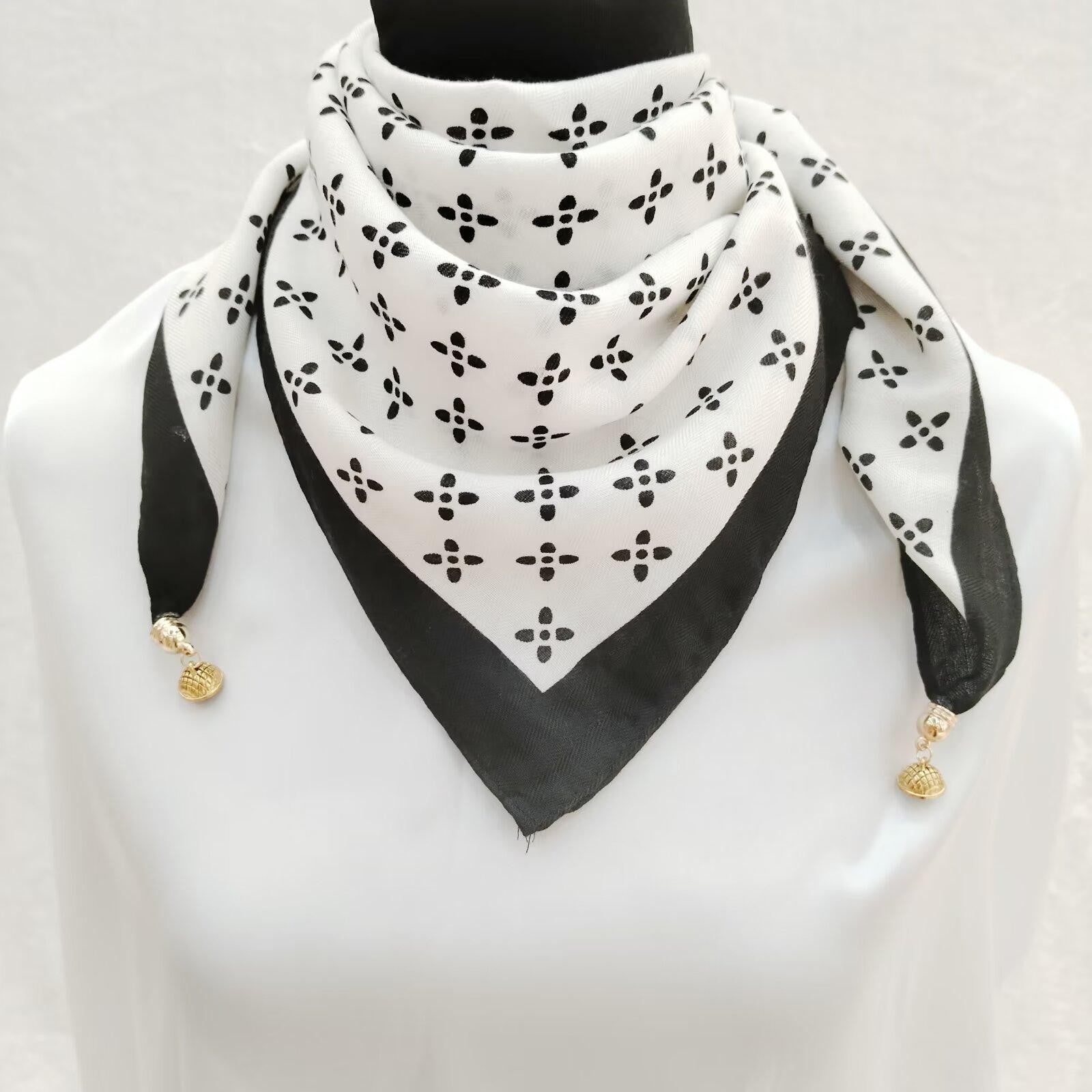 Black White Clover Print Neckerchief Bandana Scarf Gold Charms