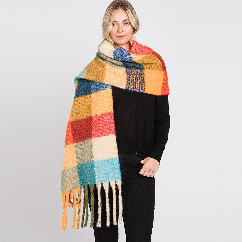 Multi Colored Plaid Check Pattern Fringe Oblong Scarf for Women Winter Wrap