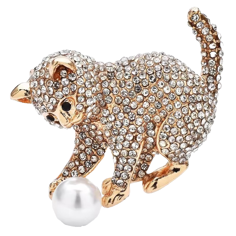 2pcs Sparkly Crystal Kitten with Pearl Ball Two Piece Set - Blue & Gold