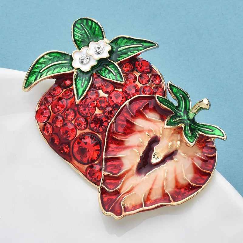 3pcs Sparkling Fruit Brooch Set Crystal Apple Strawberry Watermelon Pins