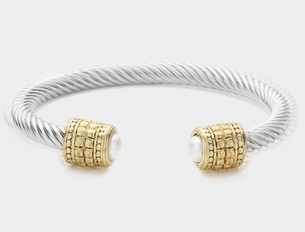 2pc Silver Twisted Cable Cuff Bracelet Gold Textured Caps Faux Pearl Inset