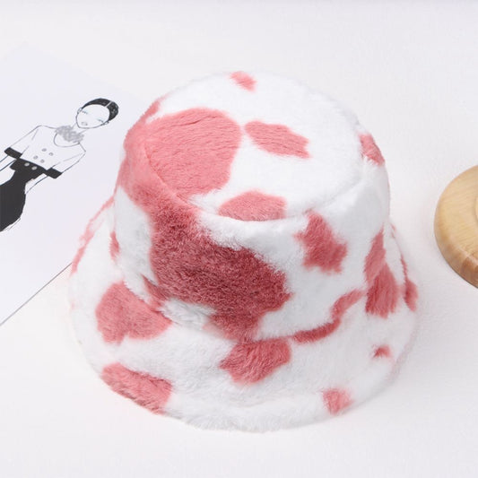 Fun Fluffy Pink Cow Print Faux Fur Bucket Hat Warm Winter Women's Fisherman Cap