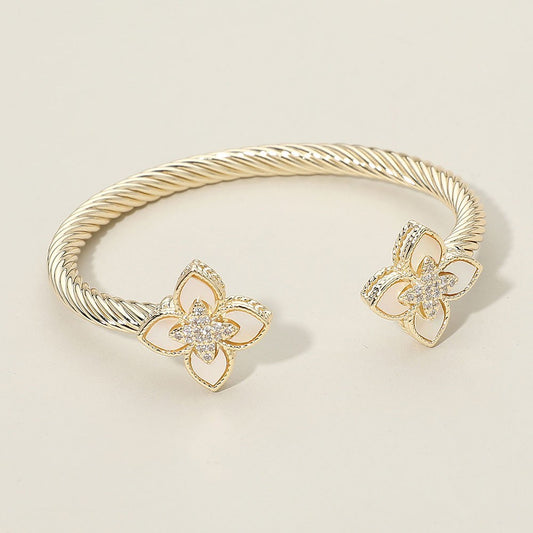 14K Gold Plated CZ Stone Mother of Pearl Floral Clover Tip Cuff Bracelet 2.3"