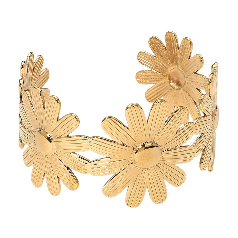 Gold Tone Stainless Steel Floral Cuff Bracelet – Etched Open Bangle for Women