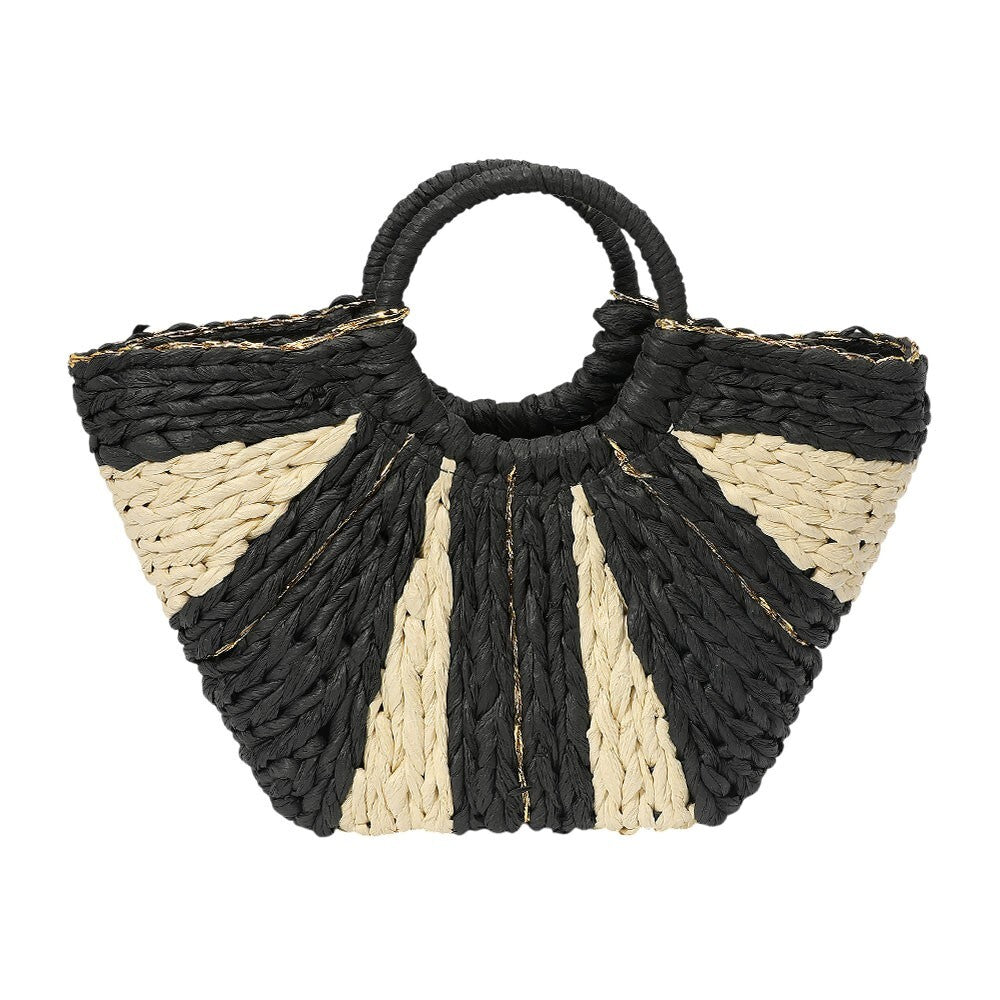 Black and Beige Woven Raffia Tote Bag for Women Round Handle Straw Handbag
