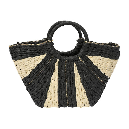 Black and Beige Woven Raffia Tote Bag for Women Round Handle Straw Handbag