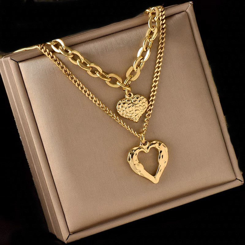 Gold Tone Layered Heart Necklace Ladies Jewelr | Chunky Chain Pendant for Women