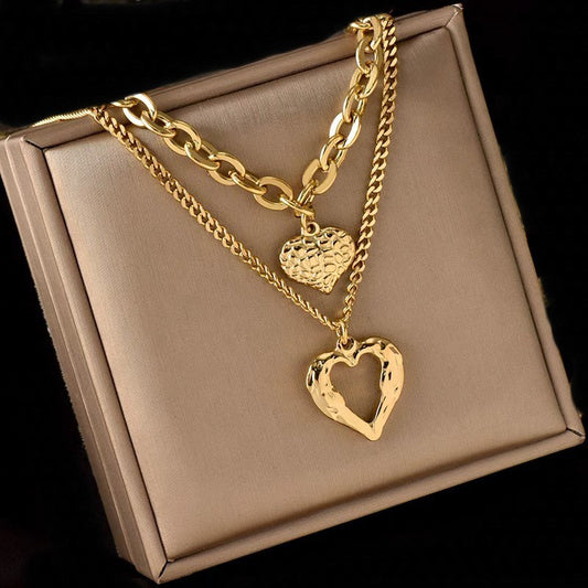 Gold Tone Layered Heart Necklace Ladies Jewelr | Chunky Chain Pendant for Women