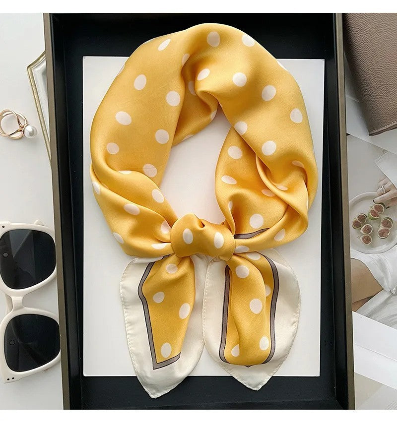2pcs Polka Dot Silk Feel Square Neck Scarf Yellow Black Hair Head Wrap Set