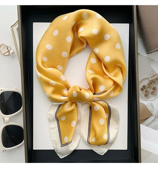 2pcs Polka Dot Silk Feel Square Neck Scarf Yellow Black Hair Head Wrap Set