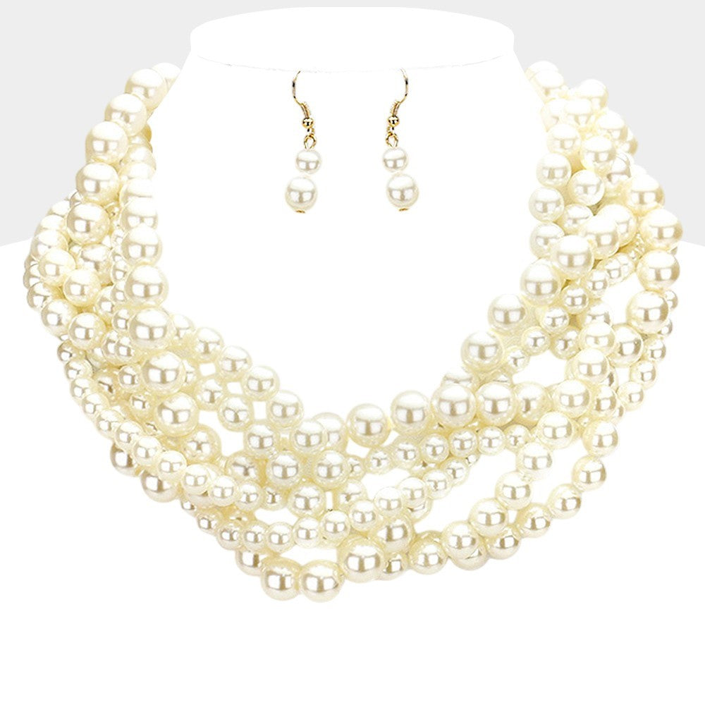 Faux Pearl Multi-Strand Necklace and Earring Set Gold-Tone Bridal Jewelry