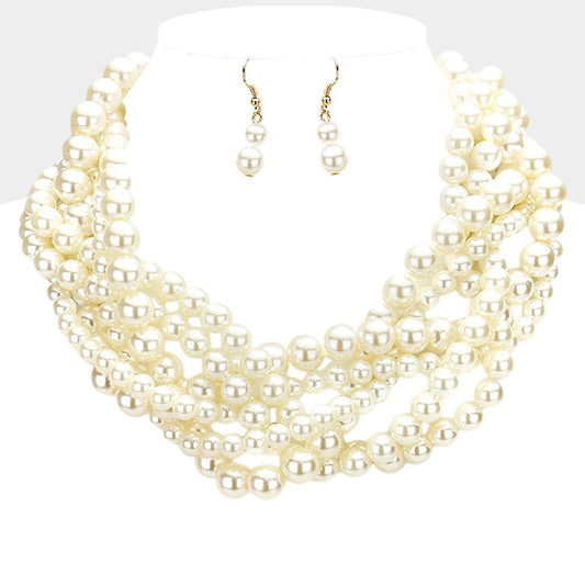 Faux Pearl Multi-Strand Necklace and Earring Set Gold-Tone Bridal Jewelry
