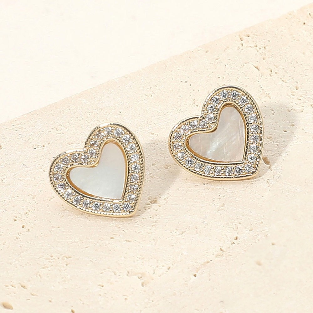 Elegant Gold Heart Stud Earrings with Mother of Pearl and Crystal Inlay Accent