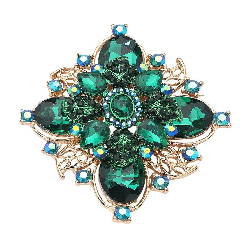 2pcs Emerald Green & Clear Crystal Brooch Set Gold Tone Vintage Large Statement