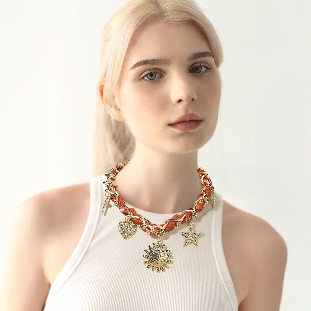 Sun Star Heart Cross Charm Bandana Fabric Chain Necklace Women Fashion Jewelry