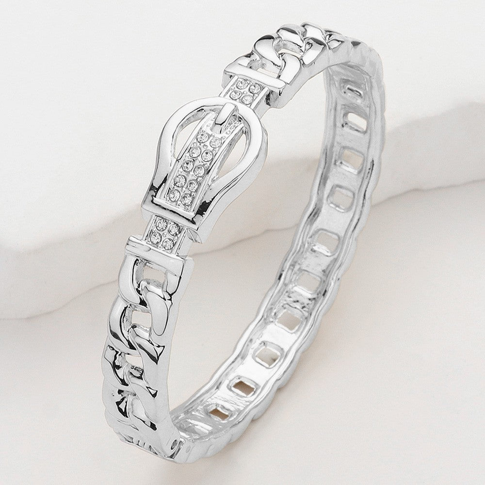 Silver  Tone Rhinestone Buckle Curb Chain Link Hinged Bangle Bracelet for Women
